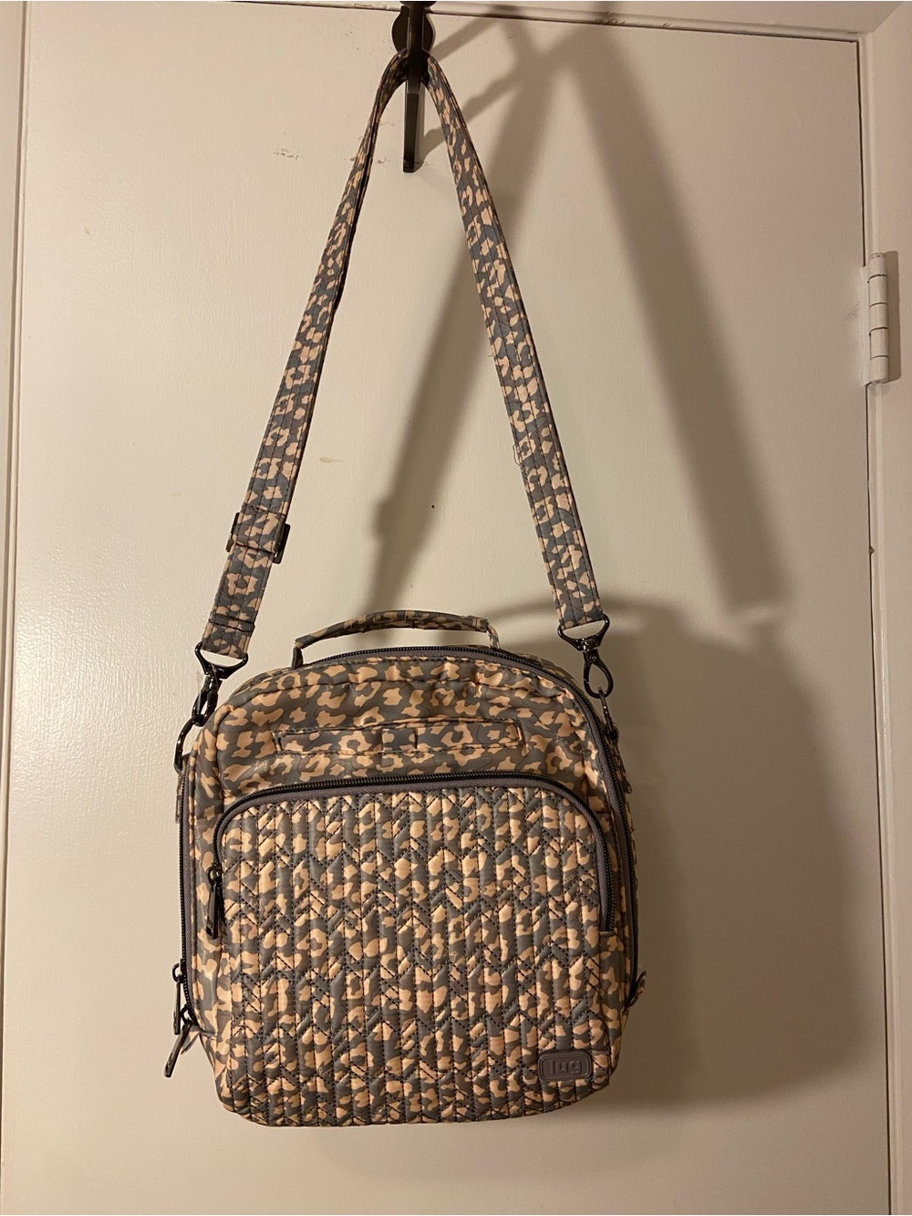 lug Quilted Leopard-Print Crossbody Shoulder Bag in Beige and Gray